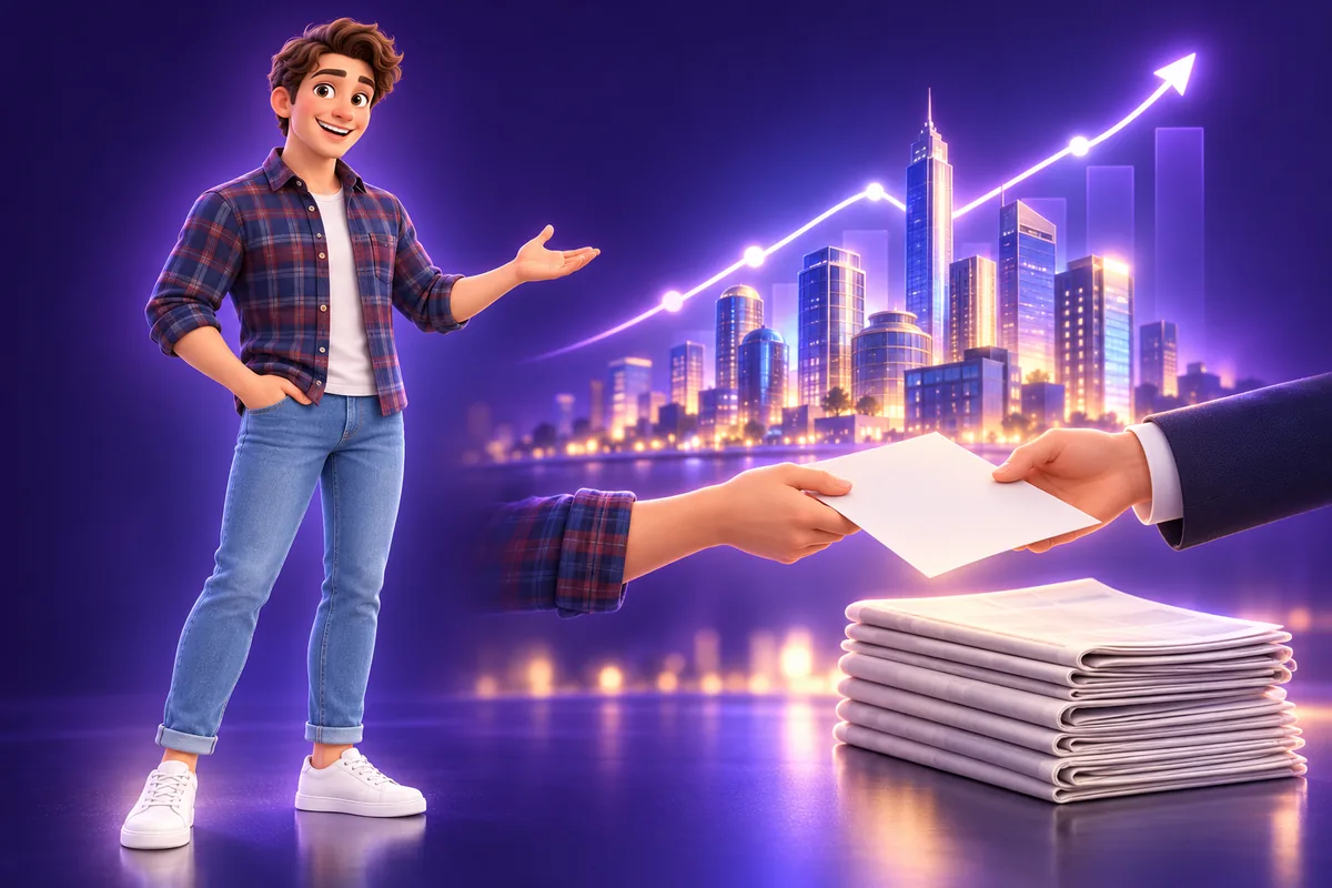 דמות תלת־ממדית ליד קו רקיע של עיר וגרף צמיחה ועיתונים