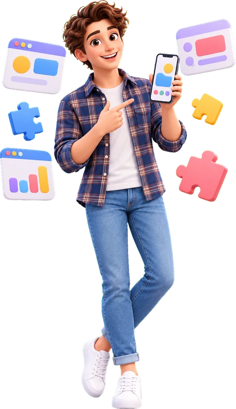 דמות תלת־ממדית מחזיקה טלפון עם אפליקציה וחלונות מערכת מתחברים